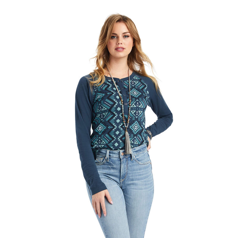 Ariat Hemden Damen - Real Printed Henley Navy ( JSYCN-5721 )